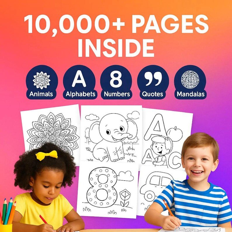 10,000+ Kids Coloring Pages Mega Bundle | Printable Activity Sheets with PLR & MRR Resell Rights + Exclusive Bonus - Image 3